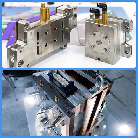 Close-up view of metal industrial components and assembly parts on a workshop table, showcasing precision engineering.