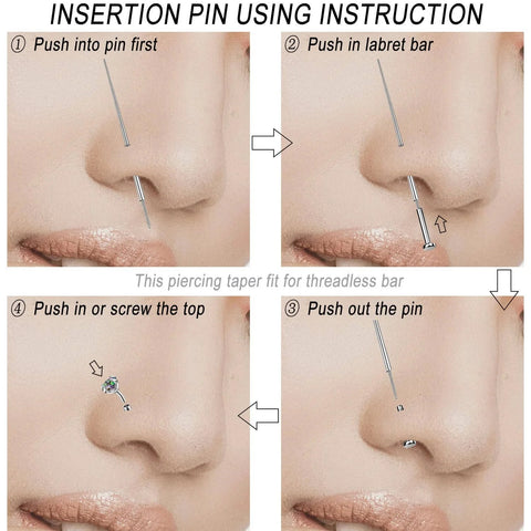 Two Piece G23 Titanium Insertion Pin Taper For Nose Ear Navel Lip Threadless Piercings Jewelry Kit 18G 16G 14G Push In Body Piercing Stretching Tool Bundle usage instruction showing nose piercing steps.