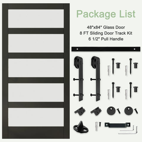 48 Inch Glass Sliding Barn Door Kit With 8 Ft Track, 5 Panel Frosted Glass, Black Frame, Hardware Included, Water Resistant PVC Coating