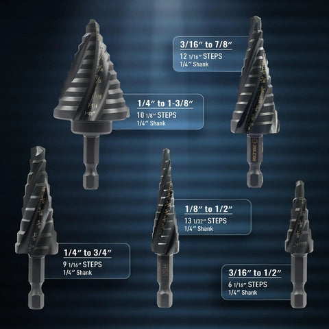 Five Piece Step Drill Bit Set With Titanium Coated HSS For Metal And Wood, Fifty Sizes, Four Spiral Flute, One Quarter Inch Hex Shank, ZELCAN.