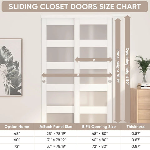 White Sliding Closet Door 48 By 80 Inches With Frosted Glass Double 25 Inch Panels 5 Lite Bypass Door size chart