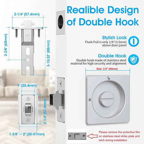 Boss Square Pocket Door Lock With Edge Pull And Flush Pull Sturdy Privacy Bifold And Cavity Sliding Door Hardware With Latch Zinc Alloy Fingermark Proof Finish In Satin Chrome Replacement Door Lock Kit For Hidden Pocket Doors showing double hook design and dimensions.