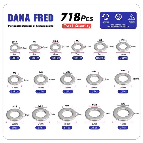 Diagram of 304 Stainless Steel Flat Washer Assortment Kit M1.6 To M24 With 718 Pieces In 16 Sizes For Screws Spacers And Hardware