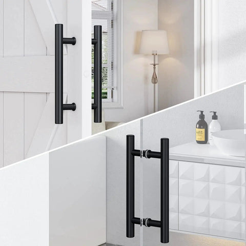 12 Inch Push Pull Sliding Barn Door Handle Double Sided Black Finish Carbon Steel Construction for Easy Inside Outside Operation installed on interior sliding doors