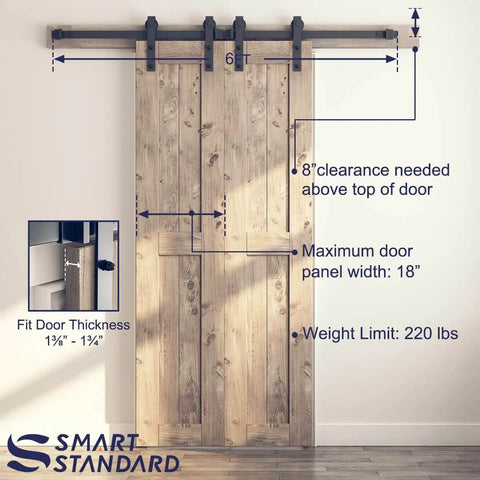 Six Foot Double Barn Door Hardware Kit For Home Use Sliding Door Track That Glides Smooth And Quiet DIY Friendly Install Fits An 18 Inch Wide Door Panel J Shape Hanger Black Finish installed view with measurements.