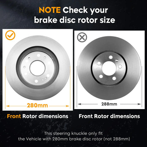 Comparison of 280mm and 288mm brake rotors highlighting compatibility with Rock Solid Front Left Steering Knuckle And Wheel Bearing Hub Assembly Replacement For Beetle Golf Jetta Driver Side Only Fits 280mm Rotor Models With Durable OE Style Build And Long Lasting Performance For 1998 2010 Beetle 1999 2006 Golf 1999 2005 Jetta