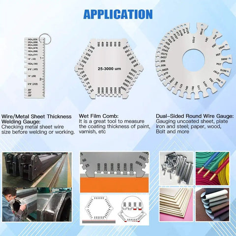 Pro Grade Welding Gauge Kit From Glarks 3 Pack includes wet film comb, sheet gauge, and wire gauge for precise thickness checks.
