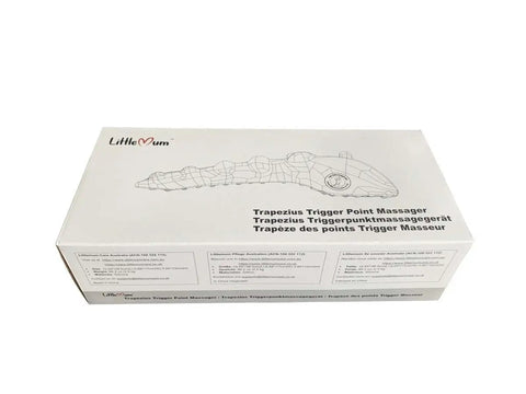 Box of trapezius massager for neck and upper back pain relief, manual trigger point tool, illustrated product on packaging