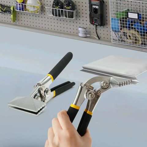 Pro Grade Sheet Metal Bending Tool Set Two Pack Heavy Duty Hand Seamers With Straight And Curved Jaws shown in use