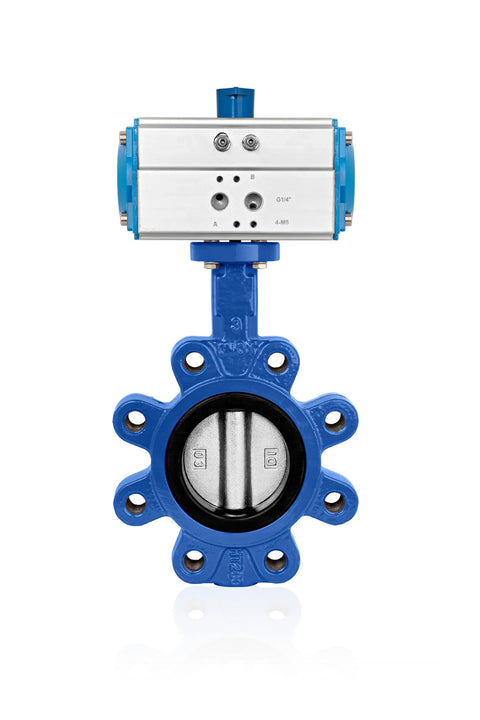 UNOX 8-inch pneumatic actuated butterfly valve, lug-type, blue body with silver actuator and stainless steel disc