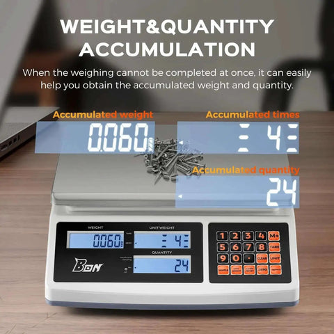 30Kg Digital Counting Scale With 0.1g Precision, Battery Powered Industrial Scale on table, displaying weight and quantity.