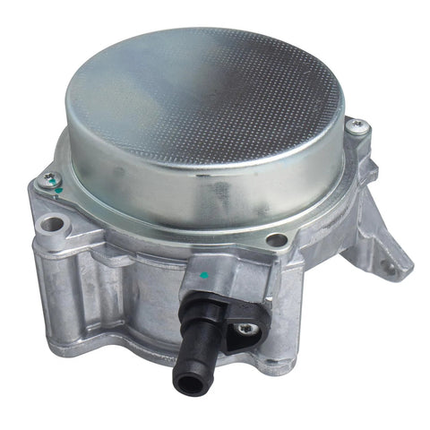 Brake vacuum pump, round silver metal housing with textured top, black inlet port; automotive component.