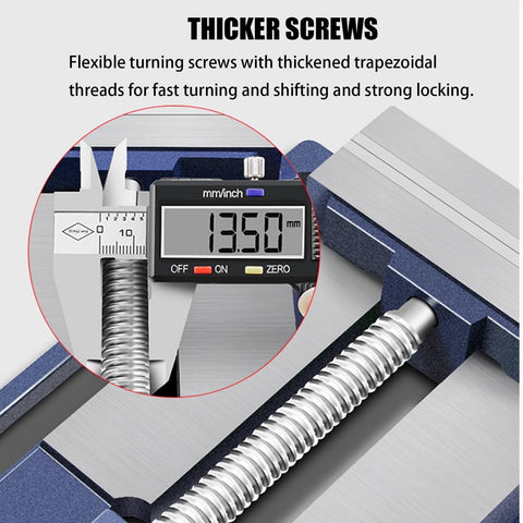 Heavy Duty 5 Inch Table Vise For Woodworking With Fixed Serrated Jaws And 180 Degree Rotatable Rocker Handle, close-up of thickened screws and digital caliper measuring 13.50 mm