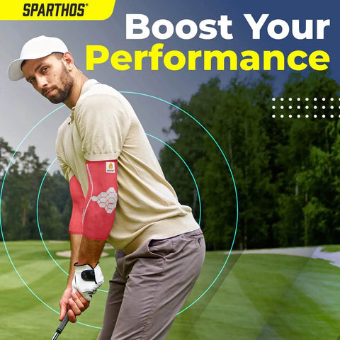Golfer wearing Large Flamingo Pink elbow compression sleeve for pain relief and support, boosts blood flow, breathable elastic blend.