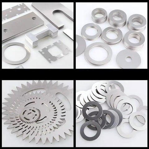 Heavy Duty 304 Stainless Steel Shim Stock Roll Pro Grade Full Hard Temp 50 In Long By 6 In Wide 0.001 In Thick Corrosion Resistant And Rustproof With High Temperature Tolerance For Precision Shimming In Industrial Use, showing various metal shims.