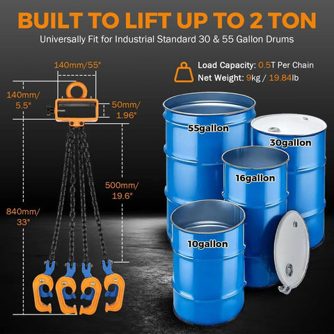 2 Ton Drum Lifter For 55 Gallon Drums With Forklift Hoist Chain And 4 Hooks next to various drum sizes