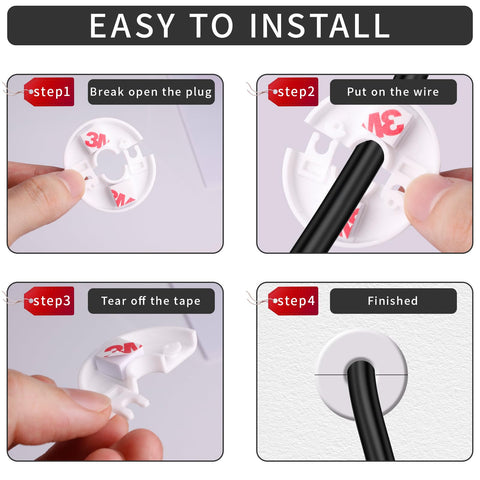 2Pcs wall cable grommets, white plastic with 3M tape, front view with plug opened
2Pcs wall cable grommets, white plastic, side view with black cable inserted
Tear off the tape from the grommet mounting plate
Finished: black cable through white wall grommet installed in wall