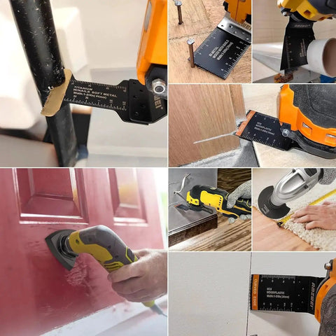 Massive 190 Piece Oscillating Tool Blades Kit For Wood Metal Plastic Cutting with various uses shown in action
