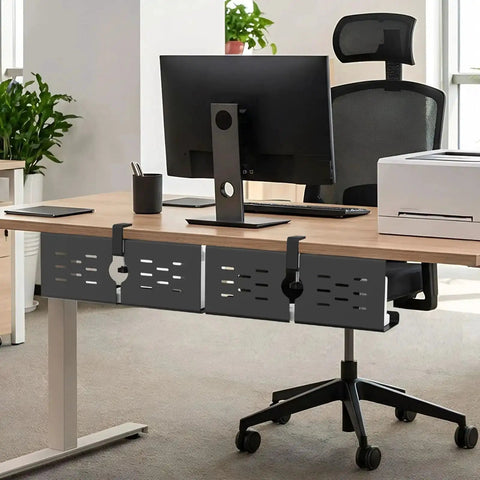 Two Pack 16 Inch Under Desk Cable Management Trays Expandable To 32 Inches No Drill Mount Cord Organizer in black on office desk