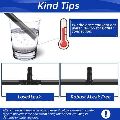 Barbed drip irrigation fittings kit for 1/4 inch tubing, black plastic tees, elbows, 4-way connector, and end plugs.