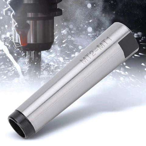 MT2 to MT1 Morse taper adapter, silver metal, side view with tapered ends.