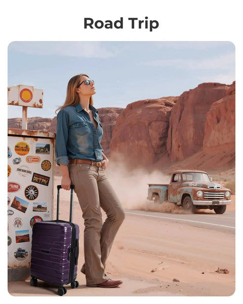 Person with Lightweight 20 Inch Carry On Luggage With Spinner Wheels For 3 To 5 Day Trips Road Trip Ready, Royal Blue BAGSMART.