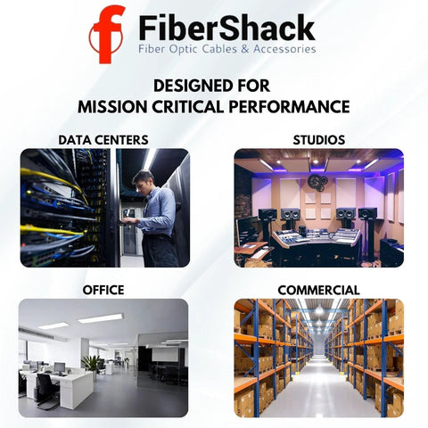 FiberShack optical cables banner with four panels: Data Centers, Studios, Office, Commercial.