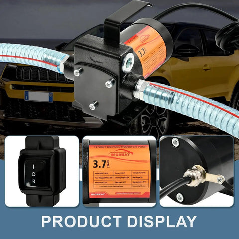 3.7 GPM 110V AC Fuel Pump Kit with handle and reversible switch, close-up of components, for gasoline diesel kerosene mineral oil