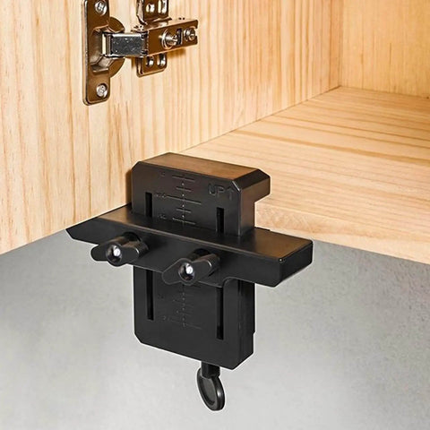 Must Have Cabinet Door Installation Jig Kit For Precise Alignment With Adjustable Punches Locators And Drill Templates shown in use on cabinet