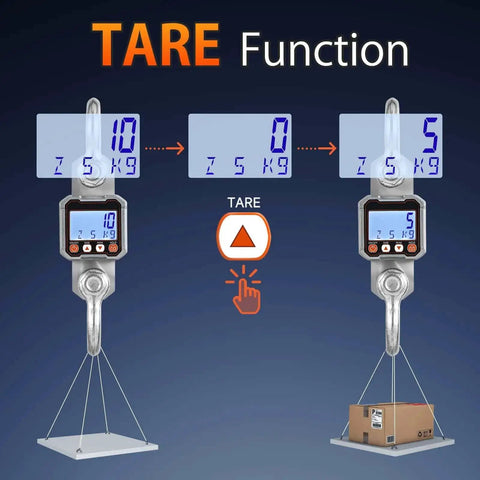 Heavy Duty Digital Crane Scale 22,000 Lb Hanging Scale With Peak Hold Function And Kg And Lb Unit Switching Industrial Grade Weight Measurement Tool for construction and shipping shown with tare function display.