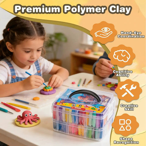 Child crafting with 60 Color Polymer Clay Starter Kit For Kids And Adults DIY Modeling Clay Oven Bake Art And Crafts Set at table
