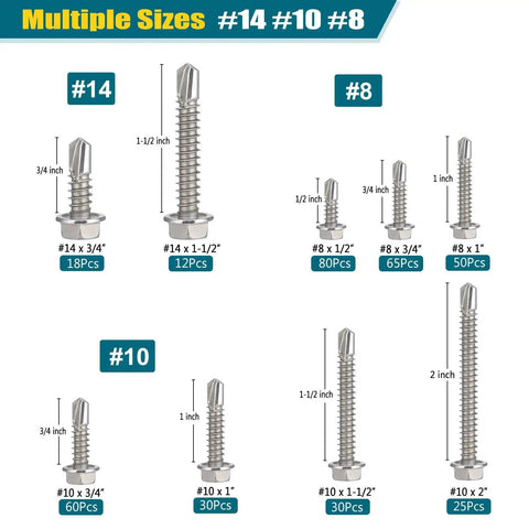 Self Drilling Screws Assortment Kit In 410 Stainless Steel, 370 Pieces DIY Friendly Self Tapping Hex Washer Head Screws For Metal Wood Plastic, Sizes Half Inch To Two Inches, Includes Size Eight, Size Ten And Size Fourteen illustrated.