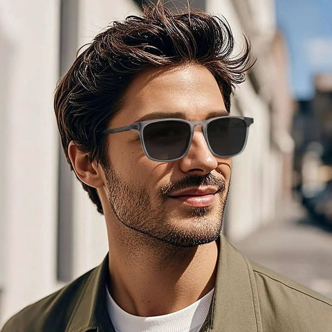 Man wearing Polarized Acetate Sunglasses For Men With UV400 Protection, Fashion Retro Square Frame, Gray Frame.
