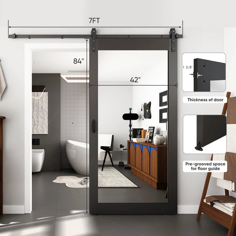 Installed Mirror Barn Door 42 Inch By 84 Inch With 7 Foot Sliding Hardware Kit, full-length frost glass, solid wood, PVC surface, black finish.