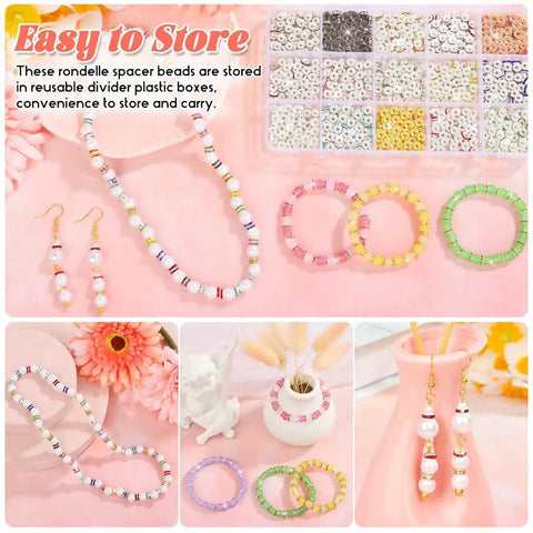 Crystal Rondelle Spacer Beads Kit 1200 Pieces In 6mm 15 Bright Colors with jewelry examples and storage box