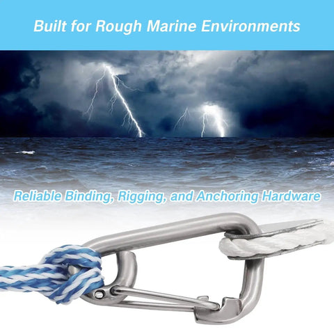 Close-up of 2-pack marine stainless steel carabiner hooks with blue/white rope for boat dock lines