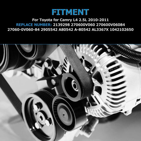 High-Performance Alternator Upgrade for Toyota Camry L4 2.5L 2010-2011 shown with fitment details and part numbers.