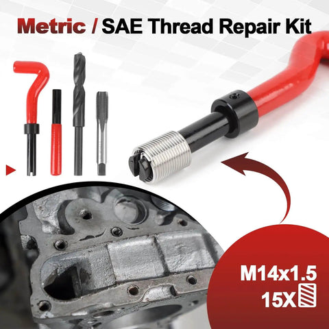 Pro Grade 15 Pcs M14x1.5 Thread Repair Inserts Kit With Spiral Drill Tap Wrench And Tools, stainless steel helicoil style.