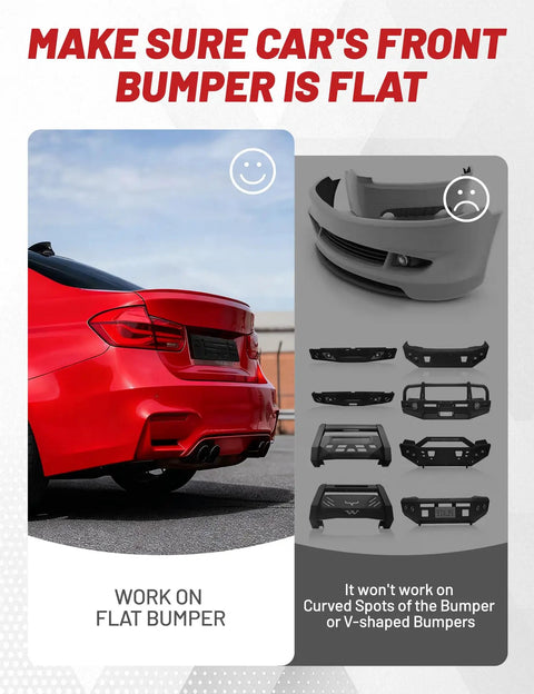 Visual guide showing the importance of a flat bumper for the Universal Front License Plate Bracket Holder Frame installation.