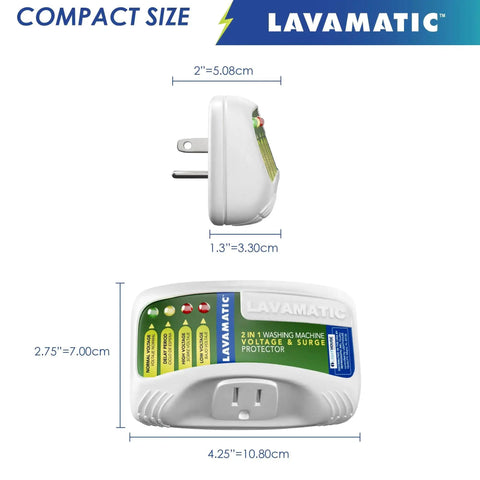Voltage And Surge Protector For Front And Top Load Washing Machines Two Pack Keeps Your Washer Safe From High And Low Voltage Brownouts Spikes Instant Surges Power Failures And Voltage Fluctuations; compact design with dimensions shown