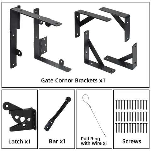 Heavy Duty Anti Sag Gate Kit With Latch For Wooden Fence Gates, showing corner brace brackets, latch, bar, pull ring wire, screws.