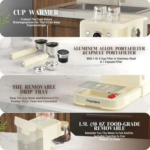 20 Bar Espresso Machine With Milk Frother Steam Wand For Latte And Cappuccino 2 In 1 Espresso Maker Powder And Capsule Portafilter 50 Oz Removable Water Tank White Home Coffee Maker with cup warmer, portafilter, and drip tray features visible