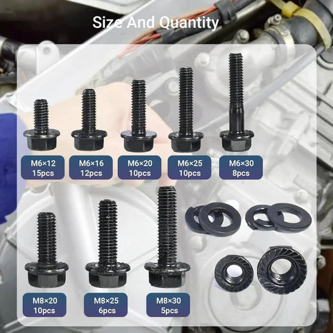 Dope Metric Flange Bolt And Nut Kit For Auto Work, M6x1.0 And M8x1.25, 12mm To 30mm bolts and washers displayed.