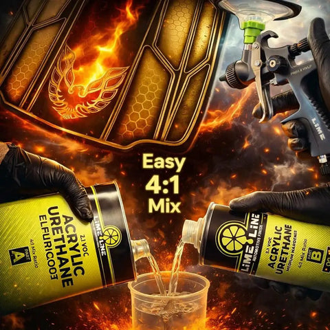 Pouring 2K Clearcoat Kit With Hardener 4 To 1 Mix High Gloss Top Coat into a mixing cup with automotive spray gun and flames