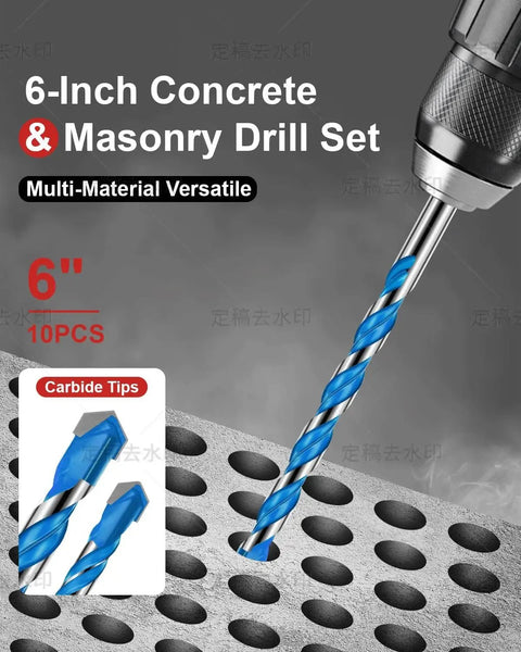 Pro Grade Masonry Drill Bit Set Ten Pieces Shockproof Six Inch Carbide Hex Shank drilling into concrete surface