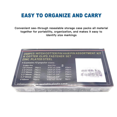 Pro Grade Cotter Pin And Hairpin Pin Assortment Kit 250 Pcs with see-through case for easy storage and organization.