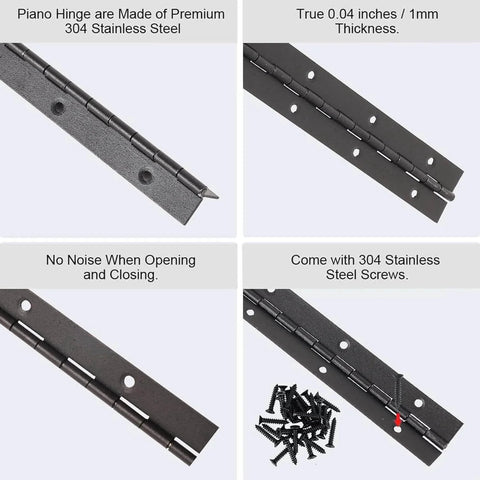 Heavy Duty Piano Hinge Set 2 Pieces 8 Inch Black Stainless Steel 0.05 Inch Thick With 1.2 Inch Open Width Includes 16 Screws