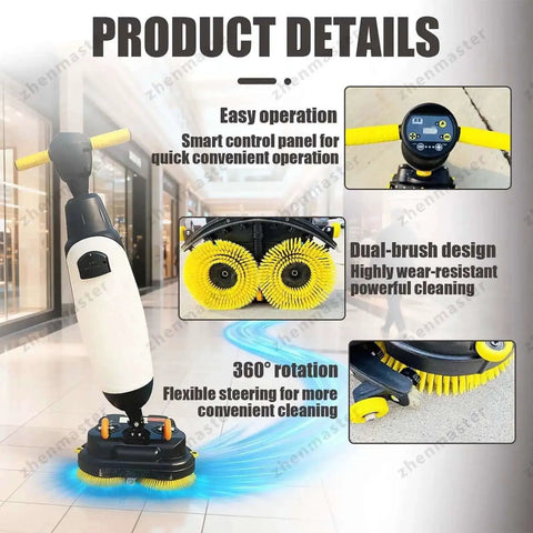 Cordless 3-In-1 Floor Scrubber And Washer Dryer, 17-Inch Wide Dual Tank System, shown with close-up of controls and brushes
