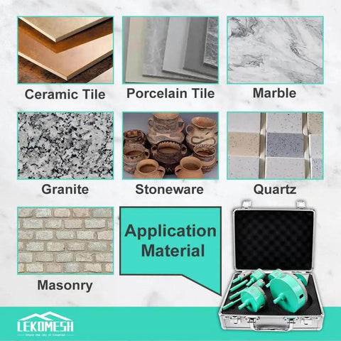 Your Go To Tile Hole Saw Kit With Diamond Core Drill Bits For Porcelain Ceramic Marble Brick And Concrete Sizes 6mm 8mm 10mm 25mm 35mm 50mm 65mm 100mm Plus 20mm Finger Bit And 50mm Chamfer Bit With Triangle Shank application materials