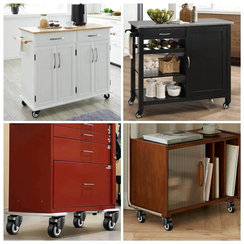 Heavy Duty One And A Half Inch Caster Wheels Set Of Eight No Brake PU Wheels shown on different kitchen carts and furniture